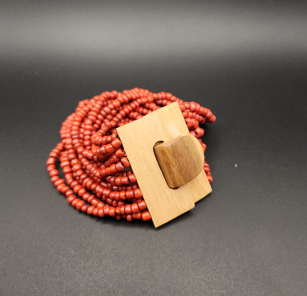 Red Multi-Stranded Seed Bracelet With Wooden Clasp NWOT